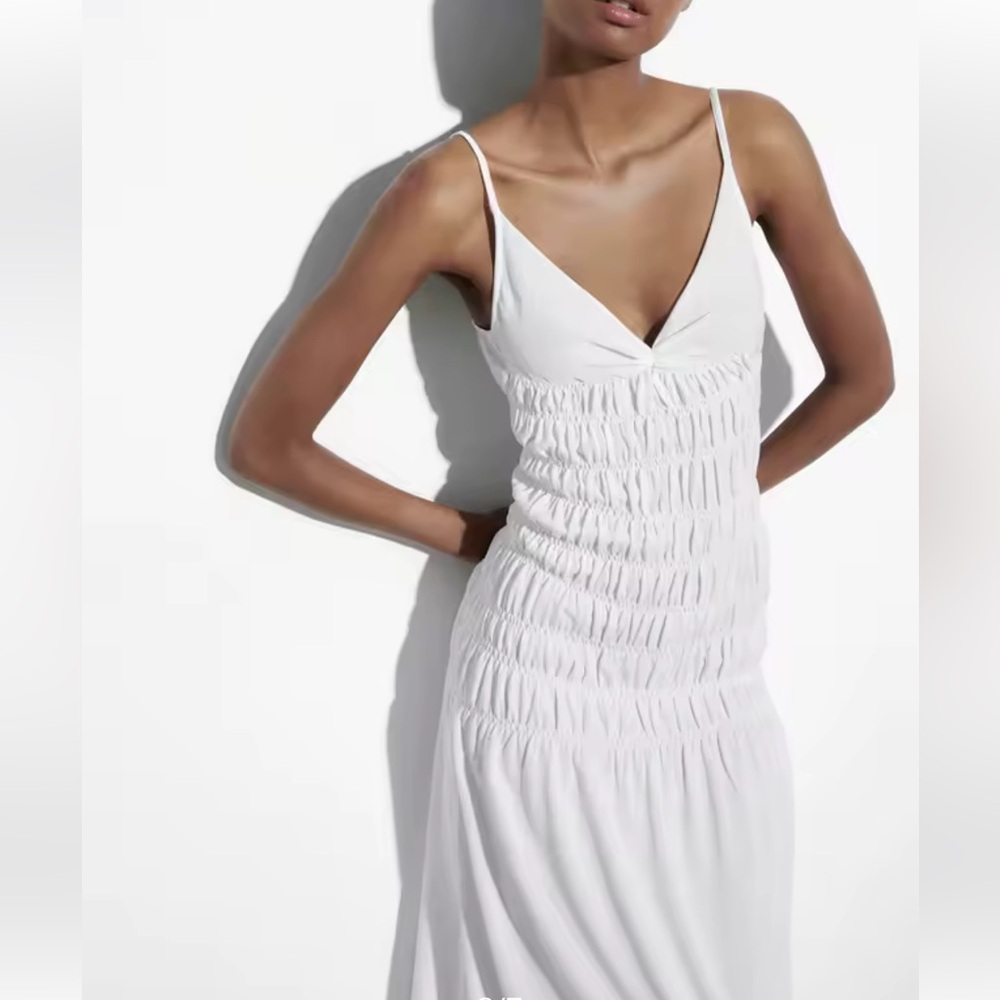 Zara Off-White Smocked V-neck Maxi Slip Dress Size Medium